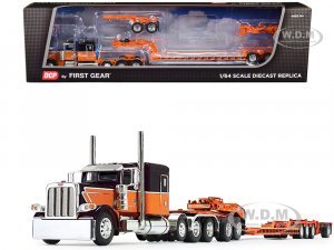 Peterbilt 389 with 63 Flat Top Sleeper and Fontaine Magnitude Tri-Axle Lowboy Trailer with Jeep and Stinger Black and Orange