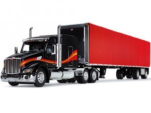 Peterbilt Model 579 with 72 Mid-Roof Sleeper & 53 Utility Roll Tarp Trailer Red and Black