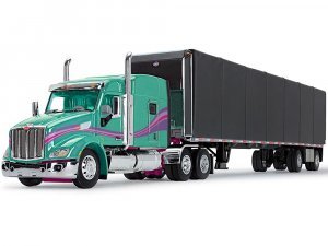 Peterbilt Model 579 with 72 Mid-Roof Sleeper & 53 Utility  Roll Tarp Trailer Teal and Black