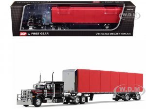 Peterbilt 379 with 63 Flat Top Sleeper and 53 Utility Roll Tarp Spread-Axle Trailer Black and Red