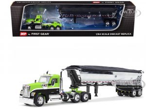 Kenworth W990 Day Cab and MAC Half-Round Tandem-Axle Dump Trailer Lime Green and Black