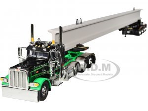 Peterbilt 389 Day Cab and ERMC 4-Axle Hydra-Steer Trailer with Bridge Beam Section Load Black and Green