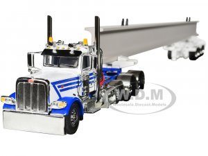 Peterbilt 389 Day Cab and ERMC 4-Axle Hydra-Steer Trailer with Bridge Beam Section Load White and Blue