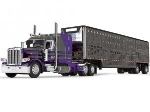Peterbilt 389 with 63 Mid-Roof Sleeper and Wilson Silverstar Livestock Trailer Purple and Gunmetal Gray