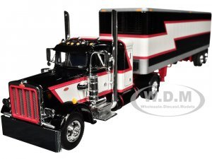 Peterbilt 359 with 36 Flat Top Sleeper and 40 Vintage Dry Goods Trailer Black with Cream and Red Stripes