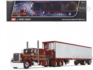 Peterbilt 379 with 63 Flat Top Sleeper and 53 Refrigerated Ribbed Sided Trailer Red Metallic with Stripes