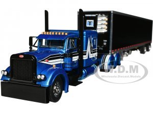 Peterbilt 379 with 63 Flat Top Sleeper and 53 Refrigerated Ribbed Sided Spread-Axle Trailer Blue and Black