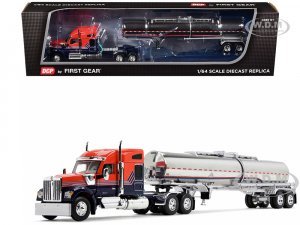 Kenworth W990 with 76 Mid-Roof Sleeper and Brenner Chemical Grade Tandem Axle Tanker Trailer Red and Navy Blue