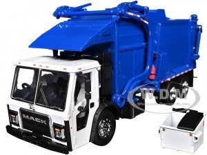 Mack LR Refuse Garbage Truck with McNeilus Meridian Front Loader White and Blue with Trash Bin