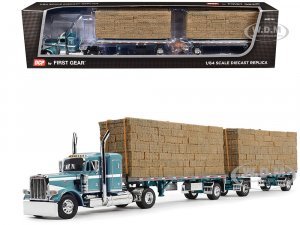 Peterbilt 389 36 Flat Top Sleeper with Utility Dual 28.5 Flatbed Trailers with Hay Loads Pacific Blue Metallic with White Stripes