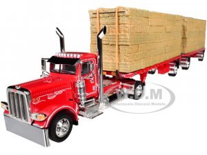 Peterbilt 389 Day Cab with Utility Dual 28.5 Flatbed Trailers with Hay Loads Viper Red with Graphics