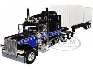 Peterbilt 389 with 63 Mid-Roof Sleeper and Container Trailer and Two 20 Dry Goods Containers Jet Black with Stripes DCP Exclusive Series