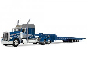 Peterbilt 389 with 48 Mid-Roof Sleeper and Talbert 5553T Traveling Axle Trailer Rich Blue and Silver