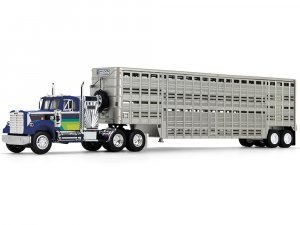 White Western Star 4900 with 36 Vintage Flat Top Sleeper and Wilson 45 Vintage Livestock Trailer Blue with Stripes