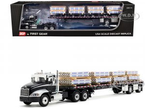 Mack Pinnacle Day Cab with Minimizer Parts & 53 Wilson Roadbrute Flatbed Trailer with Carlisle Roofing Loaded Pallets Black with Silver Top and Stripes
