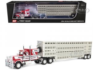 Mack Super-Liner with 60 Flat Top Sleeper and 45 Wilson Vintage Livestock Trailer Red with White and Gray Stripes