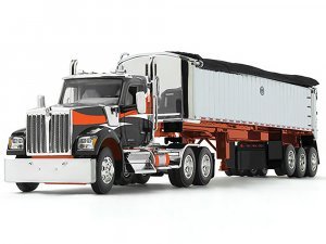 Kenworth W990 Day Cab and MAC Coal End Dump Trailer Black with Orange Graphics