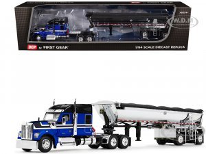 Kenworth W990 76 Mid-Roof Sleeper and MAC Half Round End Dump Trailer Blue and Black