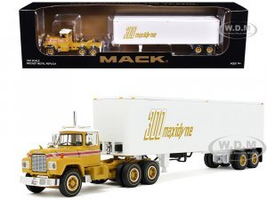 Mack R-Model Day Cab and 40 Vintage Trailer Yellow with Red Stripes and White Top Mack Anniversary