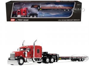 Kenworth W900L with 72 AeroCab Sleeper and Landoll 440B50CA Traveling Axle Trailer Viper Red and Black