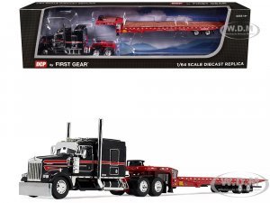 Kenworth W900L with 72 AeroCab Sleeper and Landoll 440B50CA Traveling Axle Trailer Black and Red