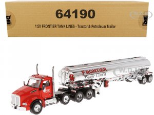 Kenworth T880 SBFA Tandem Day Cab Truck with Pusher Axle and Heil FD9300/DT-C4 Petroleum Tanker Trailer Frontier Tank Lines Red and Chrome Transport Series