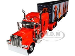 Peterbilt 389 63 Mid-Roof Sleeper Cab Viper Red with Kentucky Moving Trailer AC DC Power Up