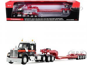 Kenworth W990 Heavy Haul Day Cab and Magnitude Tri-Axle Lowboy Trailer with Flip Tail Mammoet Black and Red