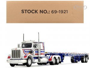 Peterbilt 359 with 36 Flat Top Sleeper and 48 Utility Flatbed Trailer White with Blue and Red Stripes Bicentennial Patriot