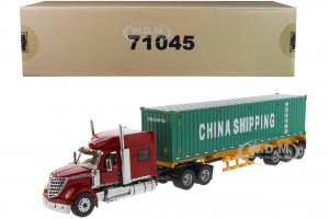 International LoneStar Sleeper Cab Red with Skeleton Trailer and 40 Dry Goods Sea Container China Shipping Green Transport Series