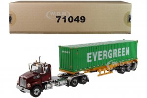 Western Star 4700 SB Tandem Truck Tractor Metallic Red with Skeleton Trailer and 40 Dry Goods Sea Container EverGreen Transport Series