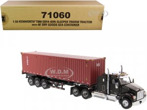 Kenworth T880 SBFA 40 Sleeper Cab Tridem Truck Tractor Black Metallic with Flatbed Trailer and 40 Dry Goods Sea Container TEX Transport Series