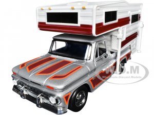 1966 Chevrolet C10 Fleetside Pickup Truck Silver Metallic with Brown Sides with Camper Shell American Classics Series