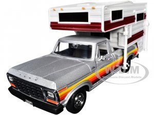 1979 Ford F-150 Custom Pickup Truck Silver Metallic with Side Stripes with Camper Shell American Classics Series