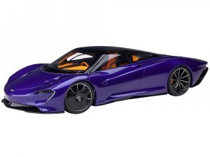 McLaren Speedtail Lantana Purple Metallic with Black Top and Yellow Interior and Suitcase Accessories