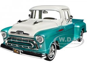 1957 Chevrolet 3100 Stepside Pickup Truck Lowrider Turquoise Metallic and White with White Interior Get Low Series