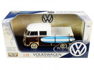 Volkswagen Type 2 (T1) Pickup White and Yellow with Wood Paneling with Surfboard