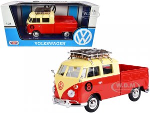 Volkswagen Type 2 (T1) #8 Pickup Truck with Roof Rack and Luggage Red and Yellow