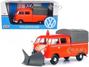 Volkswagen Type 2 (T1) Pickup Truck Orange with Snow Plow and Camper Shell