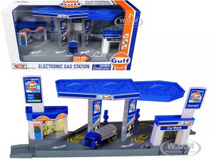 Gulf Electronic Gas Station Diorama with Light and Sound and Tanker Truck  Model by Motormax