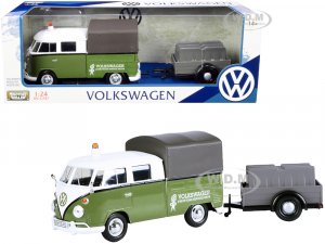 Volkswagen T1 Pickup with Canopy Green and White with Trailer Road Service
