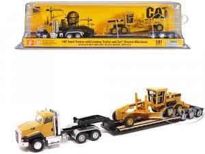 CAT Caterpillar CT660 Day Cab Tractor Yellow with Lowboy Trailer and CAT 163H Motor Grader Yellow (HO)
