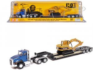 CAT Caterpillar CT660 Day Cab Tractor Blue Metallic with Lowboy Trailer and CAT 315C L Hydraulic Excavator Yellow  (HO)