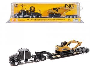 Kenworth T880 SBFS Sleeper Tandem Tractor Black with Lowboy Trailer and CAT 320D L Hydraulic Excavator Yellow (HO)