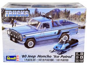 Level 4 Model Kit 1980 Jeep Honcho Pickup Truck Ice Patrol with Snowmobile  Scale Model by Revell