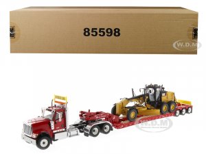 International HX520 Tandem Tractor Red with XL 120 Lowboy Trailer and CAT Caterpillar 12M3 Motor Grader Set of 2 pieces