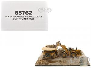 CAT Caterpillar 994K Wheel Loader and 797 Mining Truck Yellow (Weathered) Set of 2 Pieces Weathered Series