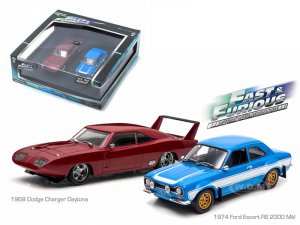 1969 Dodge Charger Daytona and 1974 Ford Escort RS 2000 Mkl The Fast and The Furious Movie Set of 2 pieces