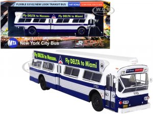 Flxible 53102 Transit Bus #M6 with Bus-O-Rama Boards Fly Delta White and Blue with Silver Sides MTA New York City Bus 7 (HO)