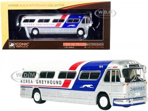 1959 GM PD4104 Motorcoach Bus Seoul Korea Greyhound Silver and White with Red and Blue Stripes Vintage Bus & Motorcoach Collection  (HO)